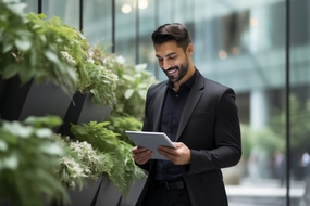 黑色西装商务帅哥手持平板图片